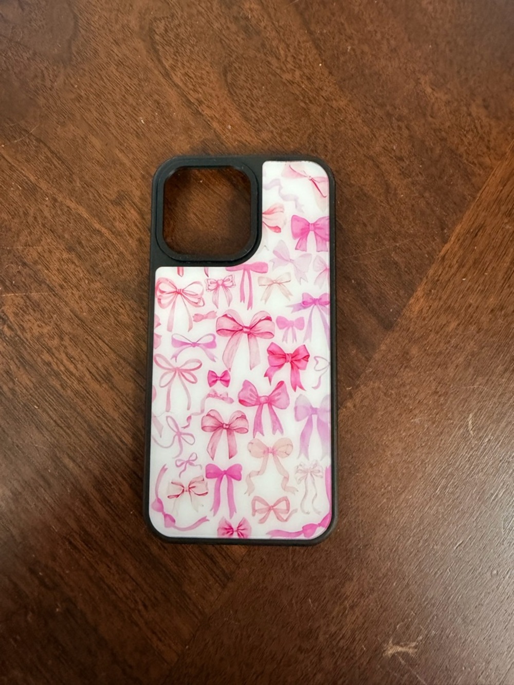 iPhone 15 Pro Max Pink Bow Pattern Phone Case - Black Frame
